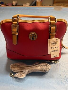 Giani Bernini Red and Tan Structured Satchel with crossbody strap
